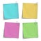 Vector yellow, green, rosy, blue sticky notes attached by metallic paper clips isolated on white background