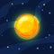 Vector yellow and orange sun in deep dark blue space with cartoon prominence and glow. Flat modern style. Sun in space