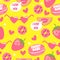 Vector yellow pattern with lips, hearts, sweet babe, strawberry and donuts.