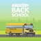 Vector yellow schoolbus isolated on green background. Back to school sign illustration