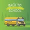 Vector yellow schoolbus isolated on green background. Back to school sign illustration