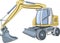 Vector. Yellow wheeled excavator with bucket and blade.