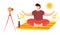 Vector of yoga course. Yoga class at home. Online lesson with teacher. Yoga lesson in mobile app. Quarantine epidemic. Working at