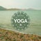 Vector yoga illustration. Name of yoga studio on a blurred photo background.