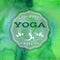 Vector yoga illustration. Name of yoga studio on a green watercolors background.