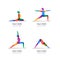 Vector yoga studio logo, emblem design template. Colorful female silhouette in different yoga poses, isolated icons set