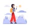 Vector young girl with backpack using smartphone mobile navigation app with location marker walking road