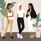 Vector young women dressed in trendy clothes standing in the room.