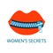 Vector zipper lock icon on top of the silhouette of scarlet full female lips. Text female secrets. Isolated white background, flat