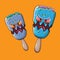 Vector Zombie ice cream with brain and red eyes isolated on orange background. Halloween blue monster ice cream zombie