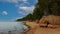 Veczemju Cliffs Red Rocks, Latvia. Red Sandstone Cliff by the Baltic Sea Coast of Vidzeme