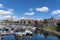 Veere marina with historic town hall and the Great Church. Province of Zeeland in the Netherlands