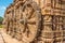 Veew at the decorative stone relief wheels of Konark Sun Temple in India, Odisha