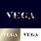 Vega logo. Gold letters with stars. Jewelry emblem. Optical illusion monogram.