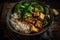 Vegan asian bowl with rice, steamed broccoli, and fried tofu