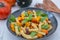 Vegan autumn pasta with pumpkin and black beans