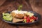 Vegan baked sweet potato meatballs, guacamole and vegetables salad.