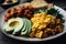 vegan breakfast plate with tofu scramble, vegan cheese, and avocado