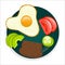 Vegan Breakfast plate, top view, isolated on a white background. Fried eggs, brown bread, sliced vegetables and avocado. Vector