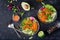 Vegan buddha bowl dinner food table. Healthy food. Healthy vegan lunch bowl. Fritter with lentils and radish, avocado, carrot sala