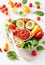 Vegan buddha bowl. healthy lunch bowl with avocado, tomato, bell