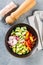 Vegan buddha bowl. Healthy vegetarian salad with cherry tomatoes, cucumber, radish,, avocado and lettuce