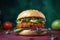 Vegan burger close up shot. Perfect for advertisement banner.
