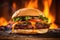 vegan burger on the grill with flames and smoky backdrop