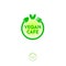 Vegan cafe logo. Green food emblem. Green leaves, fork and spoon on a green halftone background.