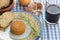 Vegan cheeses on wooden table .