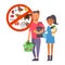 Vegan couple buying healthy food, vegetarian people groceries choice, vector illustration