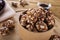 Vegan delicious sweet cocoa and almond balls on wooden table healthy food