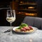 vegan dish of lentil cutlets with couscous, a glass of white wine