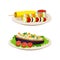 Vegan Dish and Main Course with Stuffed Eggplant and Skewered Vegetables Vector Set