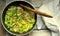 Vegan dish: quinoa soup with organic cabbage and potatoes