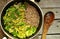 Vegan dish: quinoa soup with organic cabbage and potatoes
