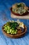 Vegan dishes on a blue rustic table