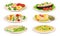 Vegan Dishes and Main Courses with Skewered Vegetables and Stuffed Eggplant Vector Set