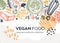 Vegan food collage style banner. Healthy food template. Middle eastern cuisine background. Hand-drawn vegan meals and ingredients