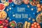 Vegan food and dishes. Christmas or New year festive family dinner, salads, fruits, vegetables, star glitter sparkles on blue