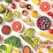 Vegan food. Healthy diet concept. Fruits, vegetables, pasta, nuts, legumes, mushrooms