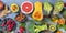 Vegan food panorama. Healthy diet concept. Fruits, vegetables, nuts, shot from above