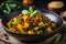 Vegan food, Salad with chickpeas, pumpkin and vegetables in a bowl on a dark background. Selective focus, world vegan day