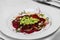 Vegan gluten-free avocado salsa, beetroot carpaccio, emulsion fr