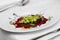 Vegan gluten-free avocado salsa, beetroot carpaccio, emulsion fr