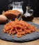 Vegan gluten free and vegetarian food, dried spiral pasta made from orange lentils legumes