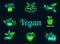 Vegan green logo stickers set for vegan product shop tags, vegetarian labels or banners and posters.