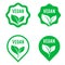 Vegan green logo stickers set for vegan product shop tags, vegetarian labels or banners and posters. Set of bubbles, stickers, lab