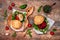 Vegan grilled eggplant, arugula, sprouts and pesto sauce burger. Veggie beet and quinoa burger. Top view, overhead, flat lay.