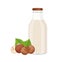 Vegan hazelnut milk in glass bottle, alternative non dairy drink, vector Illustration on white background